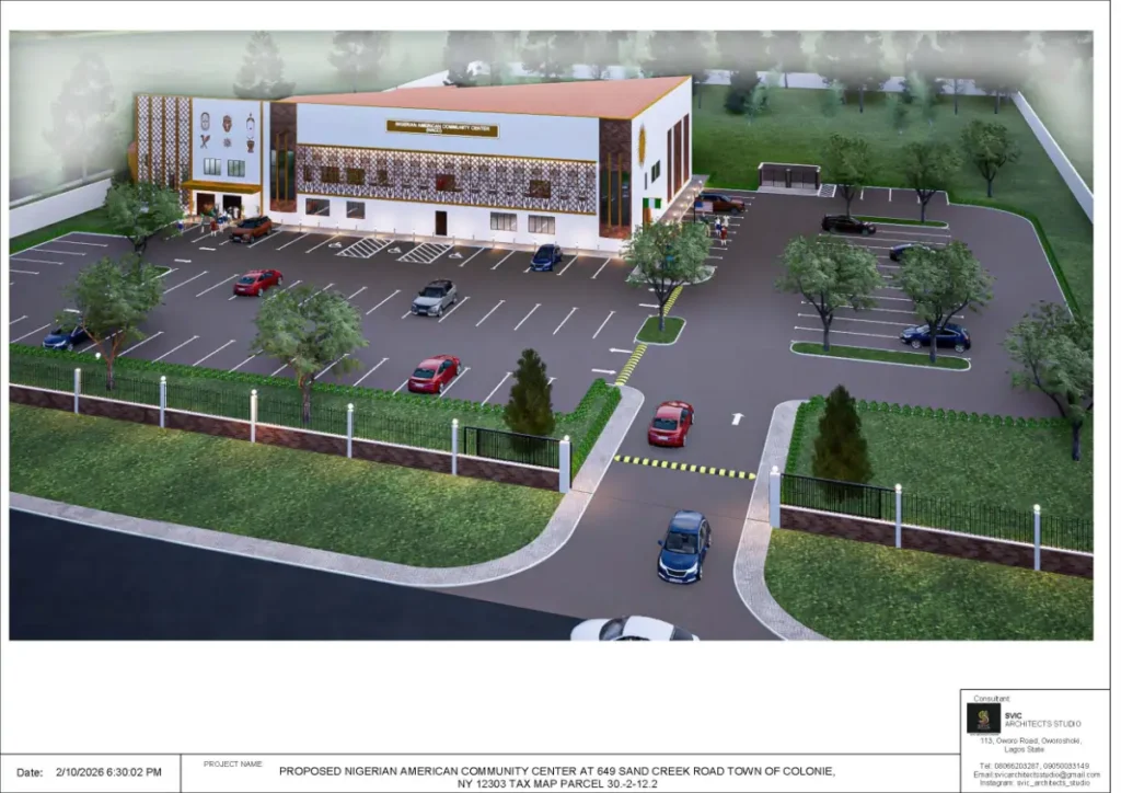 3D rendering showing the building, green areas, and the dedicated parking lot from above.