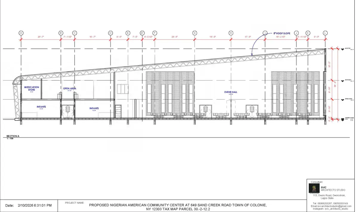 Interior vertical section showing the height of the event hall and the office floor above.