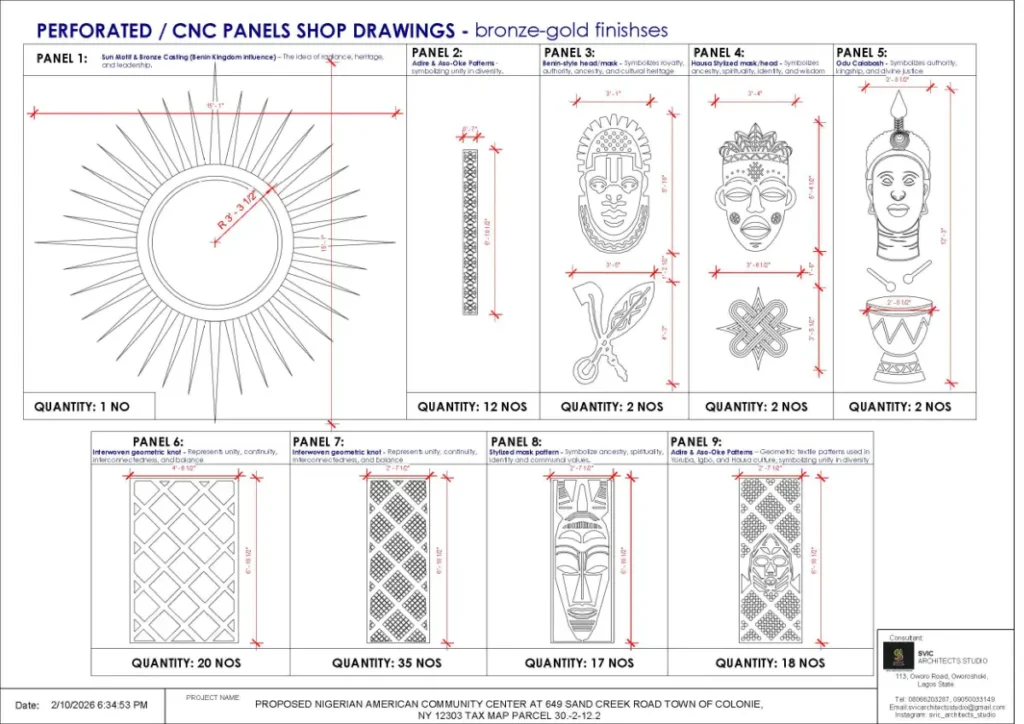 Detailed sketches of the Sun Motif, Odu Calabash, and geometric textile patterns.