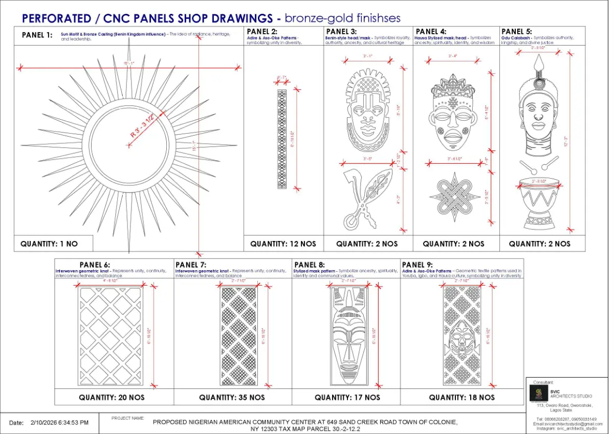 Detailed sketches of the Sun Motif, Odu Calabash, and geometric textile patterns.