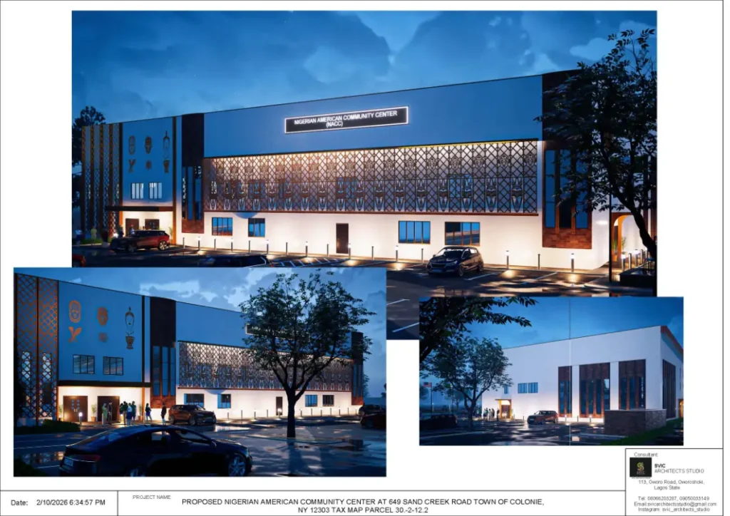 Building exterior shown under overcast or rainy conditions.