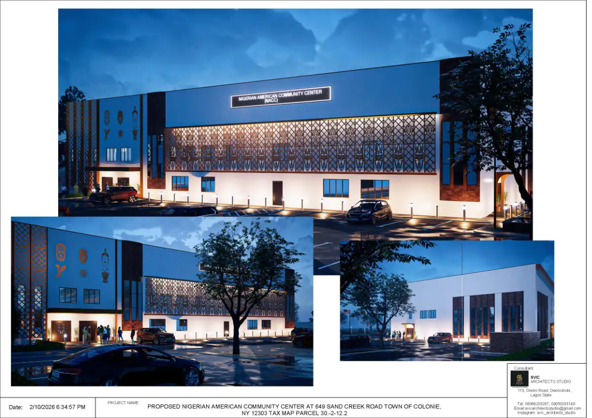 Building exterior shown under overcast or rainy conditions.