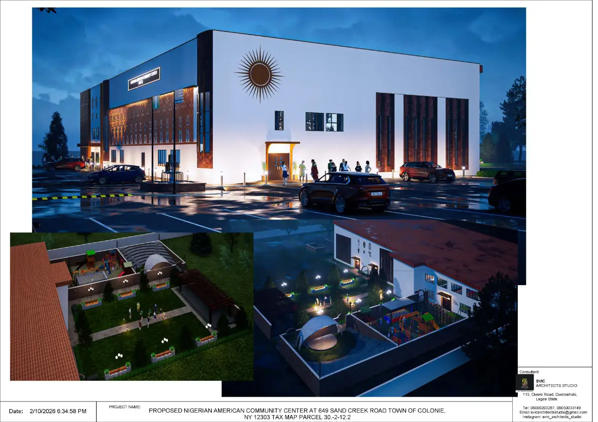 Building exterior shown under evening/night lighting conditions.