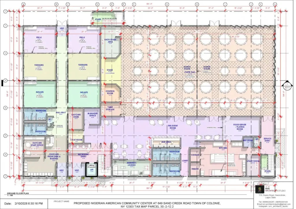 Floor plan showing the 350-capacity event hall, daycare center, and member’s lounge.
