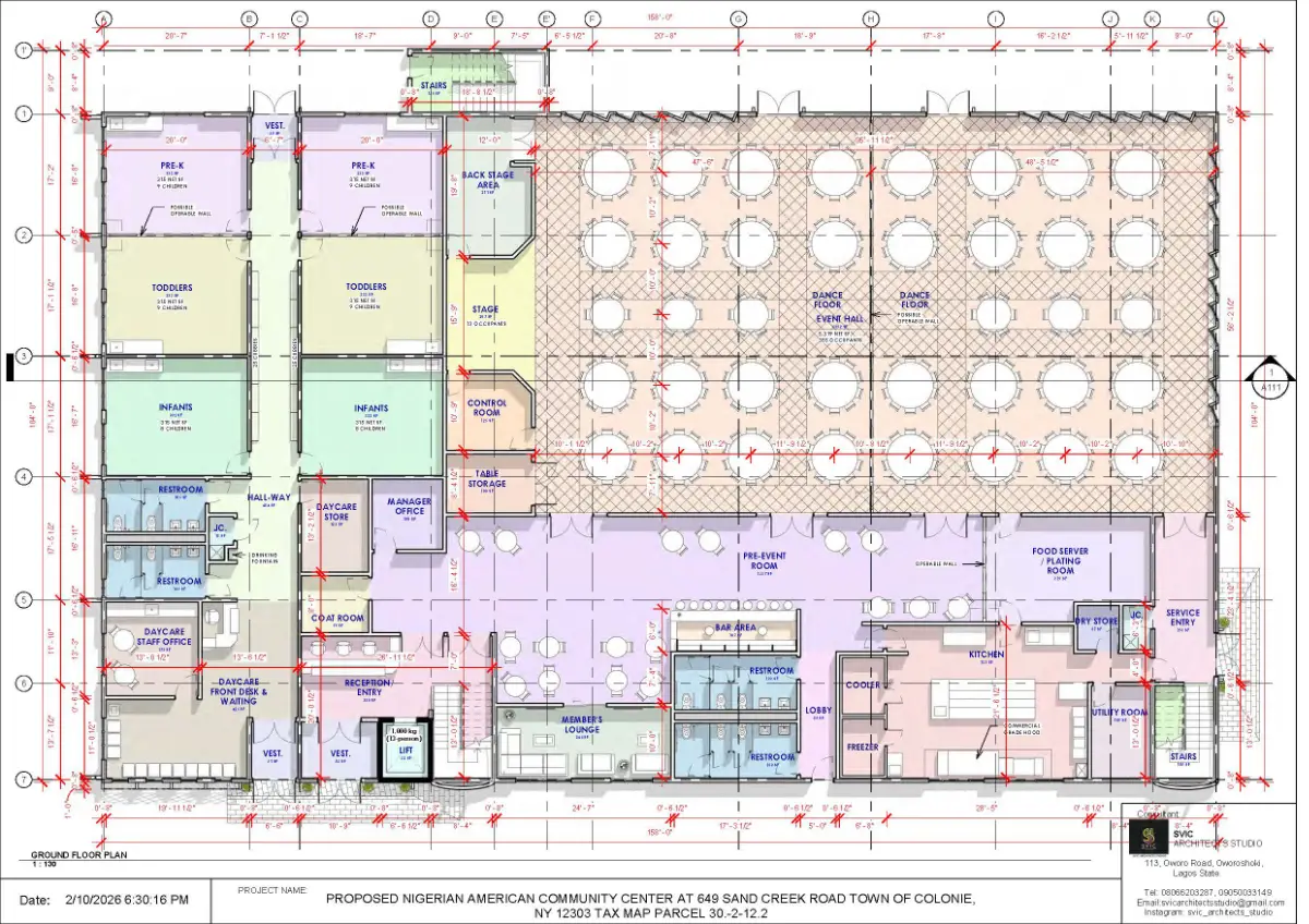 Floor plan showing the 350-capacity event hall, daycare center, and member’s lounge.