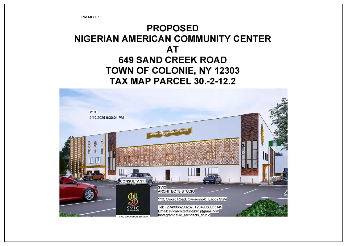 Front view of the Naija House featuring gold perforated panels with Adire, Benin masks, and Hausa motifs.