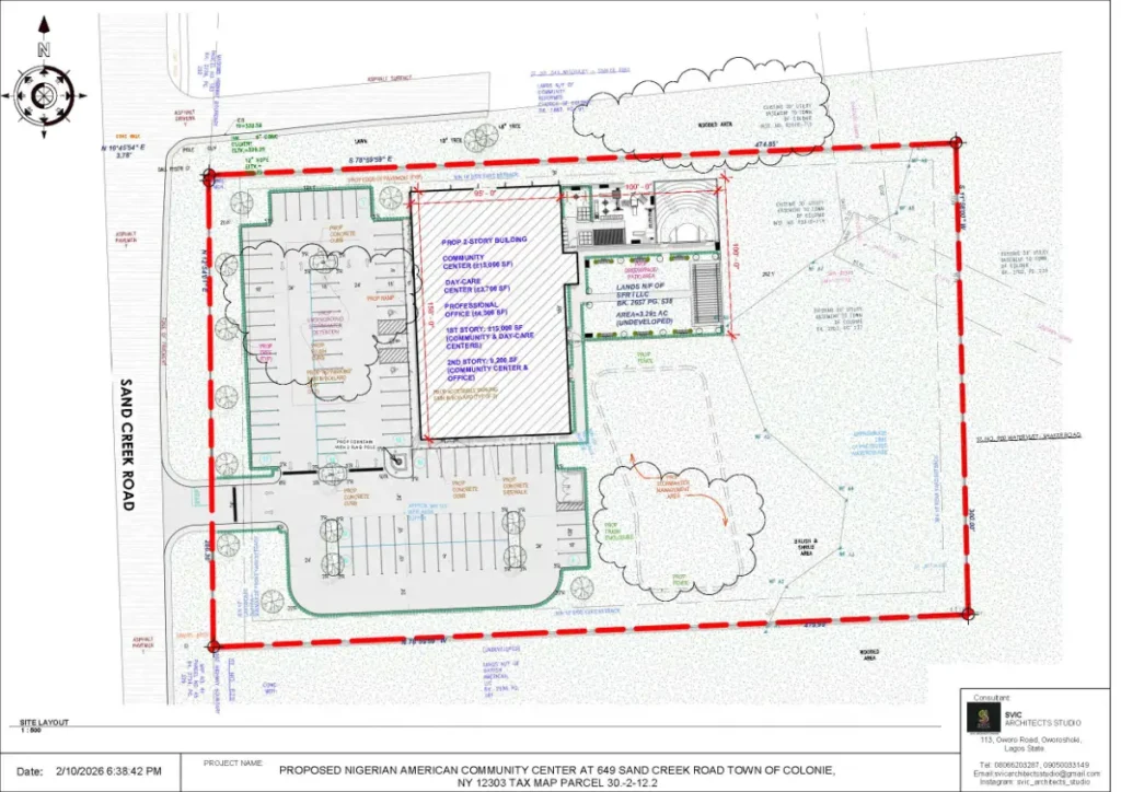 Technical site plan showing the building footprint and surrounding land use.