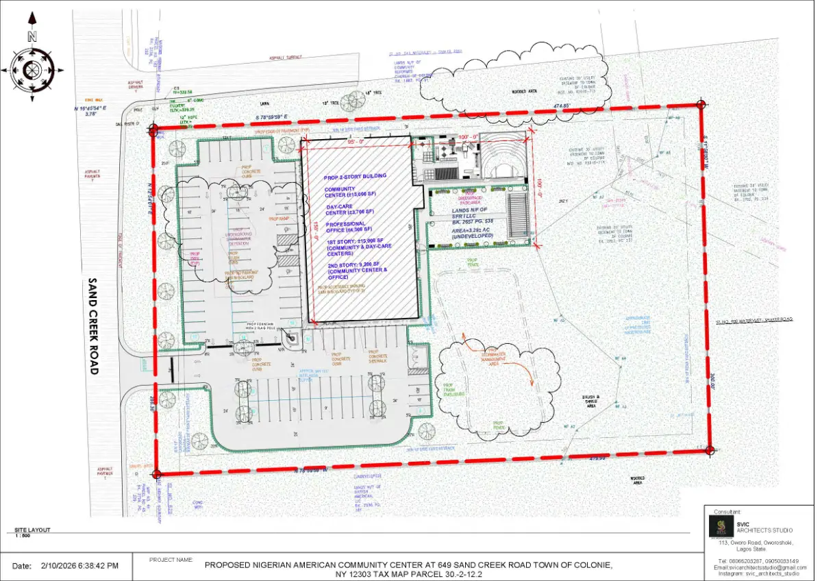Technical site plan showing the building footprint and surrounding land use.