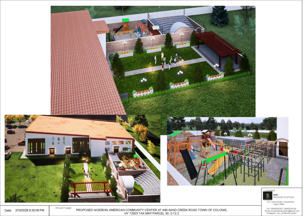 Rear view depicting children's play areas, an outdoor green space, and an amphitheater.