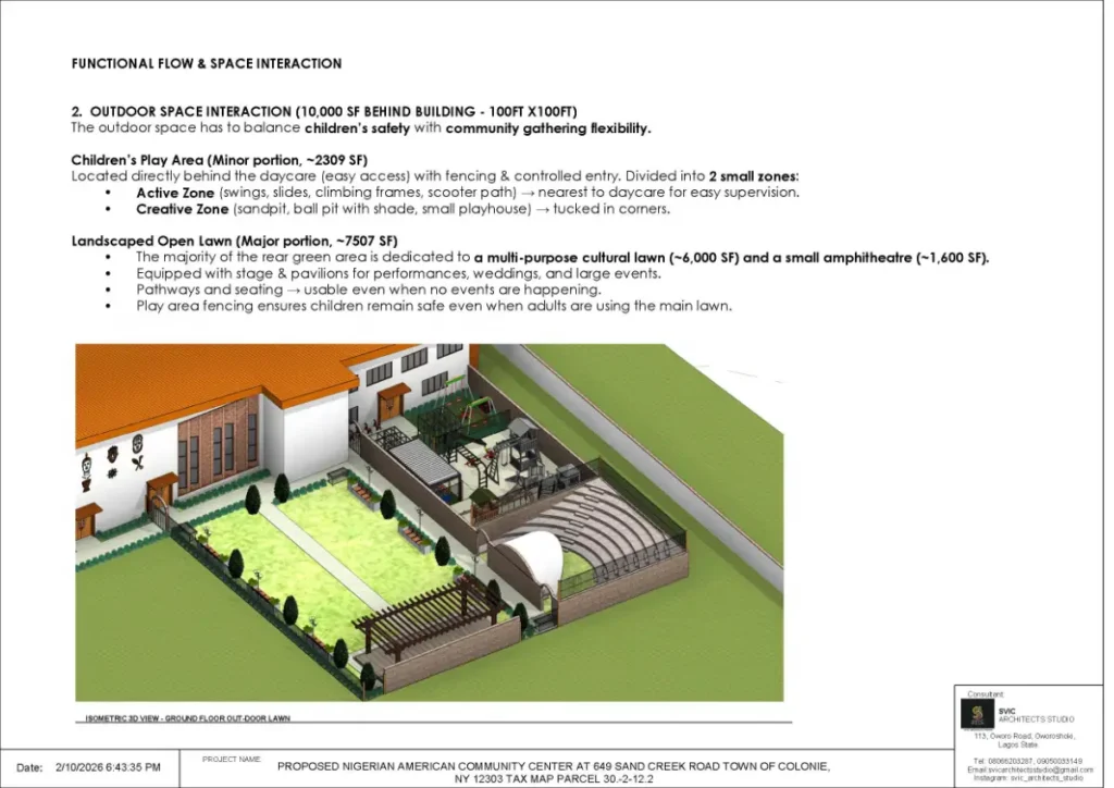 Visualization of how the community hall and private offices share the facility.