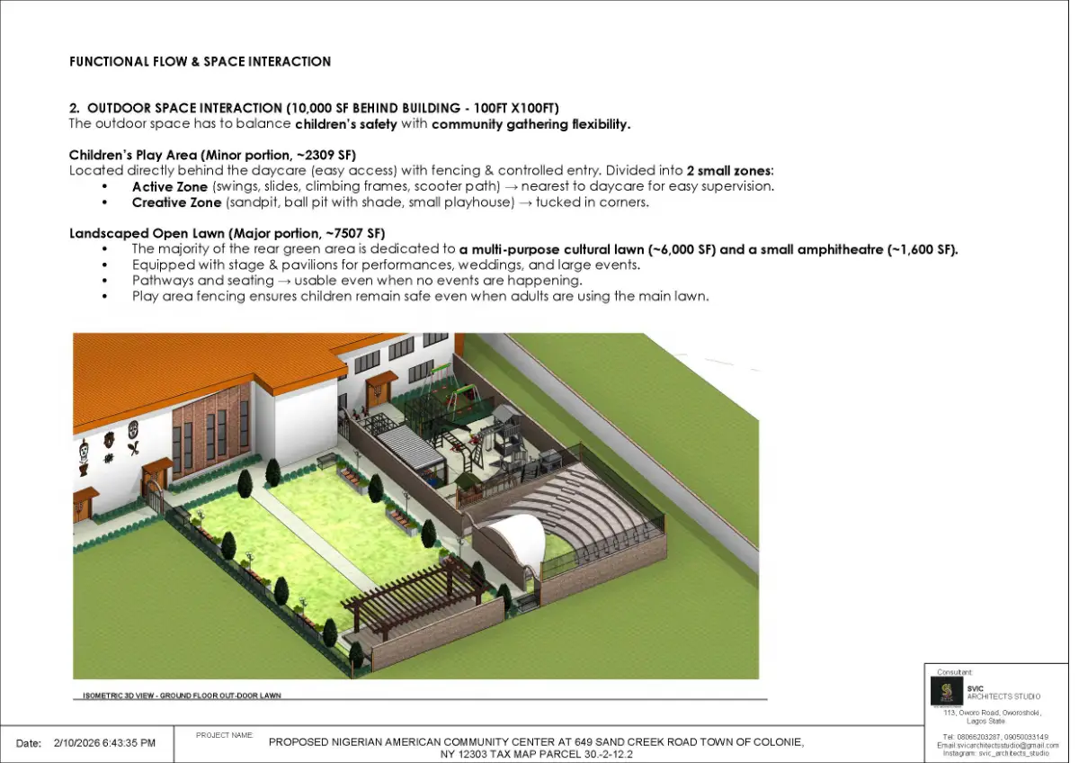Visualization of how the community hall and private offices share the facility.
