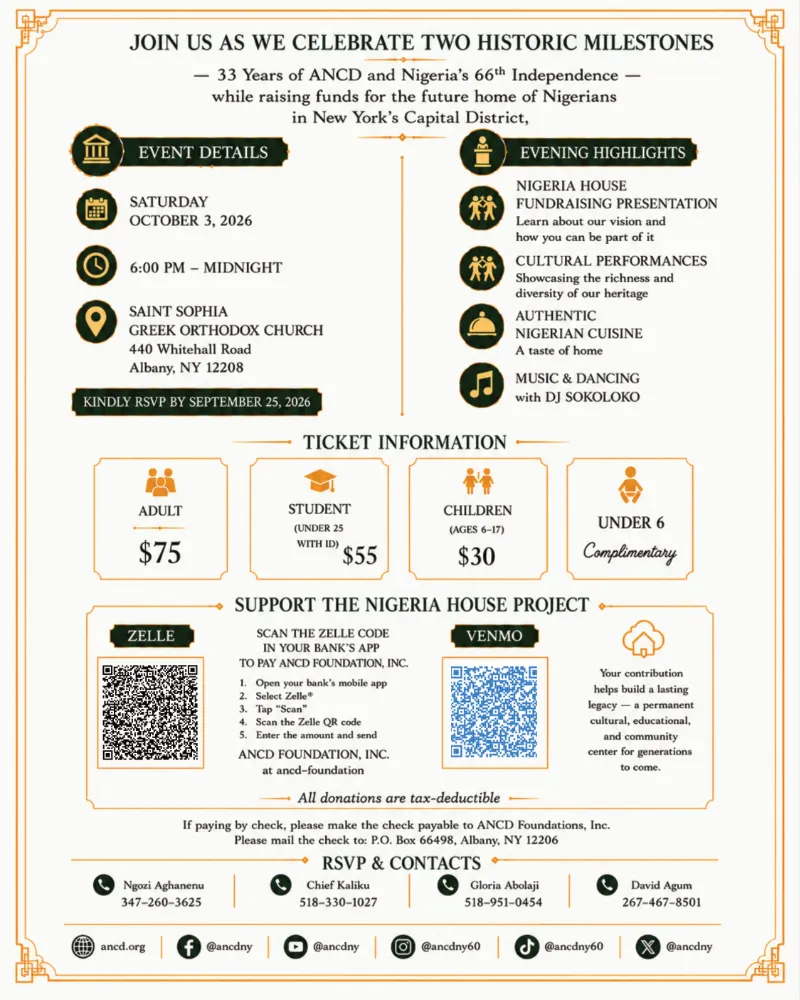 Back of the ANCD fundraising gala invitation showing event details, evening highlights, ticket prices, donation instructions for the Nigeria House Project, RSVP contacts, and social media information.