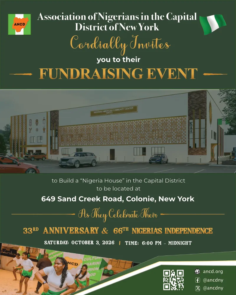 Association of Nigerians in the Capital District of New York (ANCD) fundraising invitation celebrating the 33rd Anniversary and Nigeria's 66th Independence while raising funds for the Nigeria House Project in Colonie, New York.